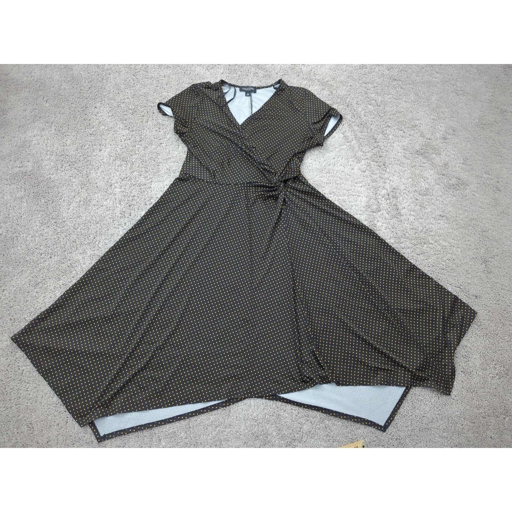 Perceptions Faux Wrap Dress Womens XL Black Yellow Polka‎ Midi Handkerchief Hem